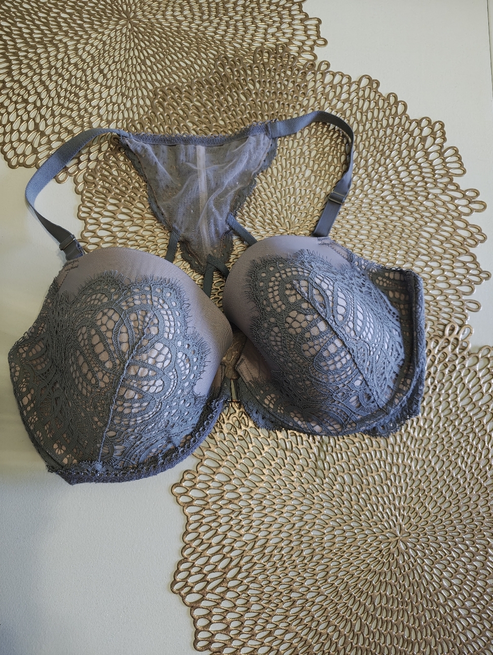 Dream Angel Lace Trim Padded Bra Front close in Slate Gray 36DDD